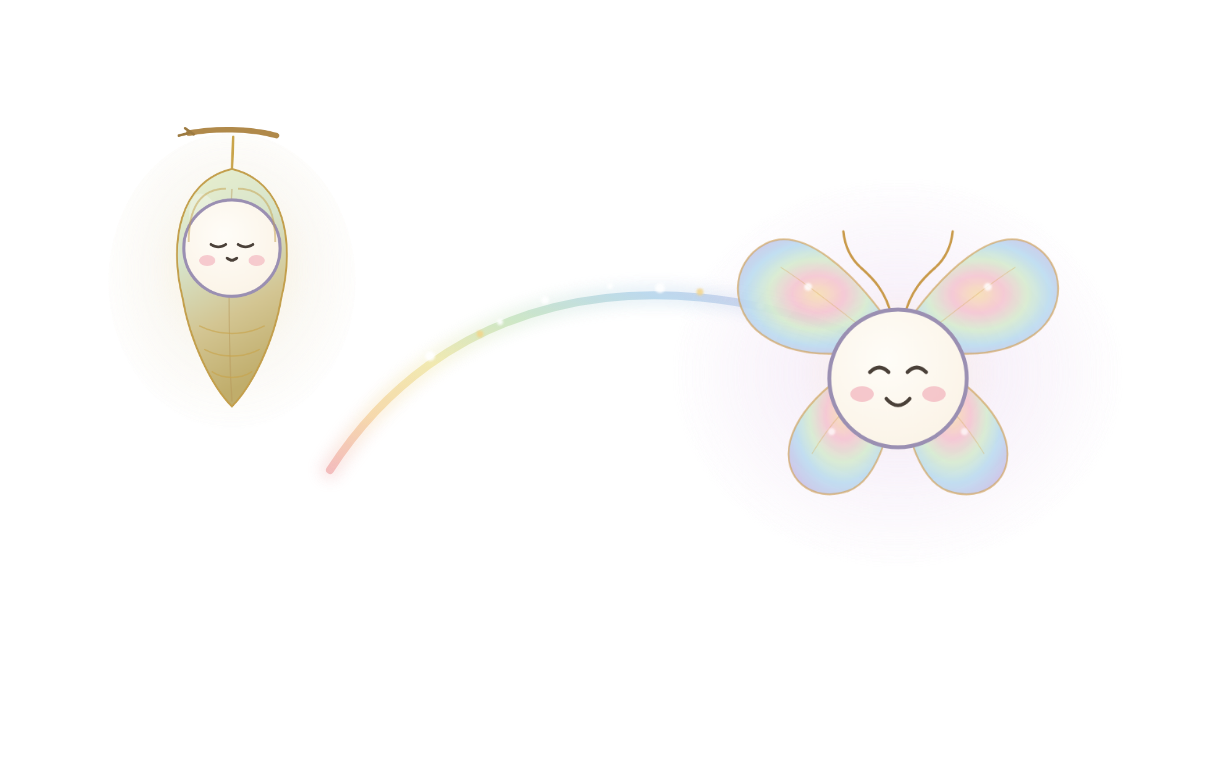 小さな自分（蛹のレイ）と、ひらいた自分（蝶のレイ）を、虹の光の道がつなぐ。