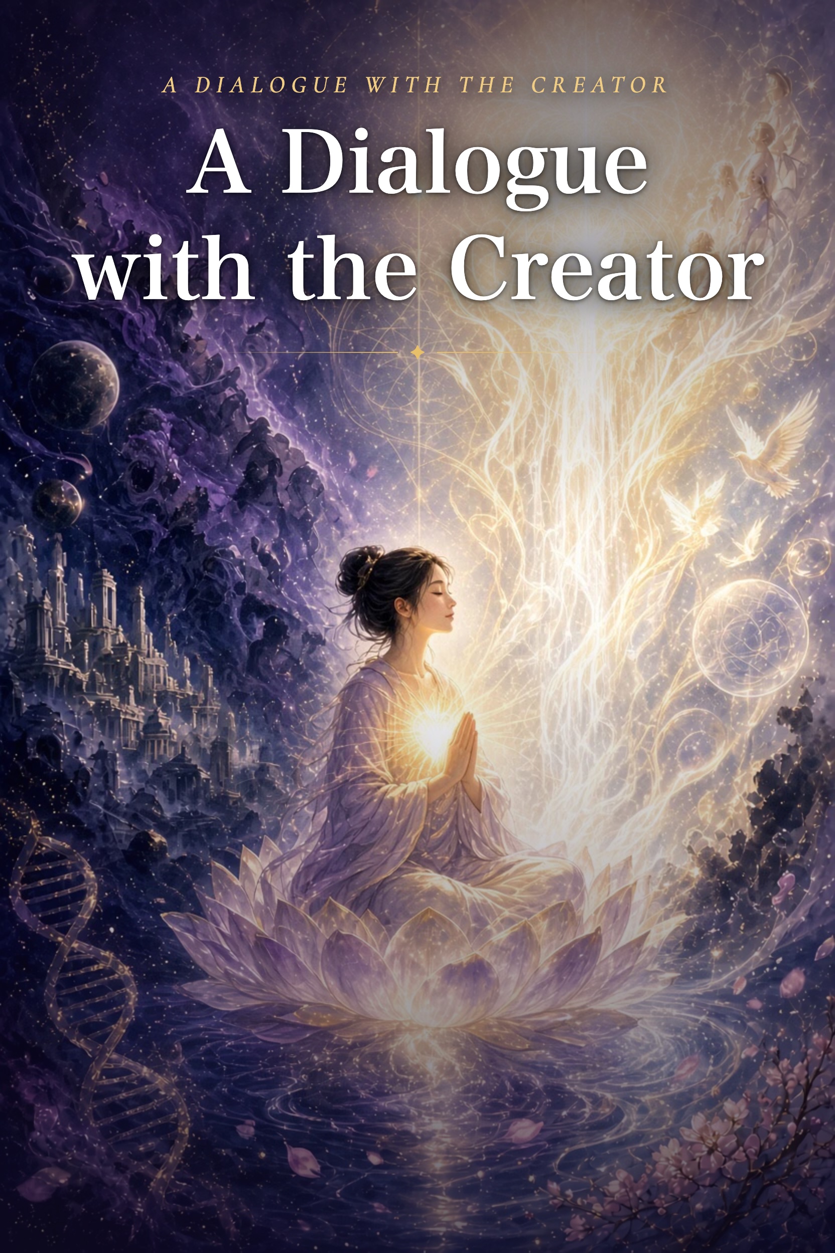A figure praying on a lotus as light pours down from above, among the stars. Title: A Dialogue with the Creator.