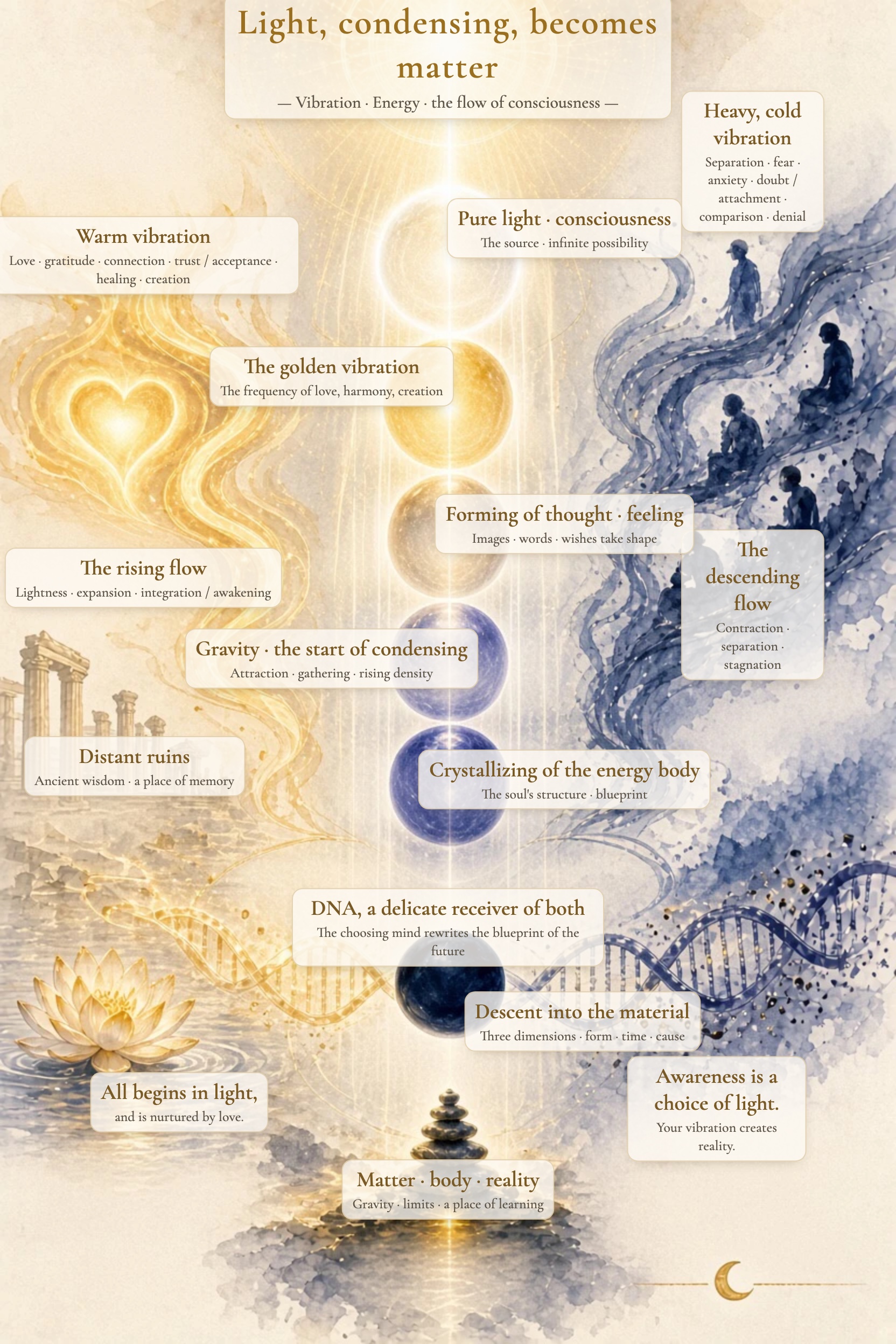 Diagram: Light, condensing, becomes matter — the flow of vibration, energy and consciousness.