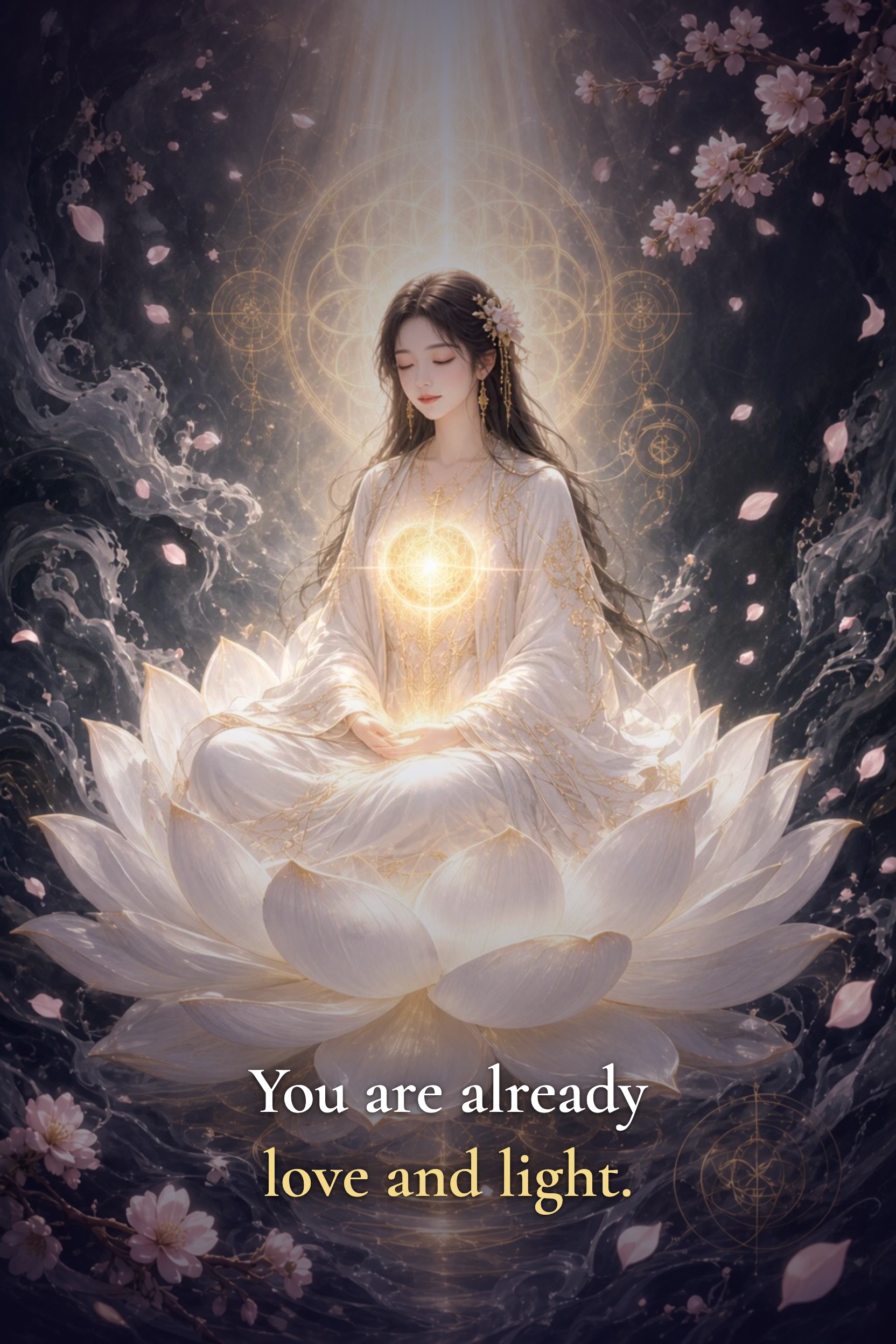 A figure sitting quietly on a white lotus amid cherry petals and golden light. You are already love and light.