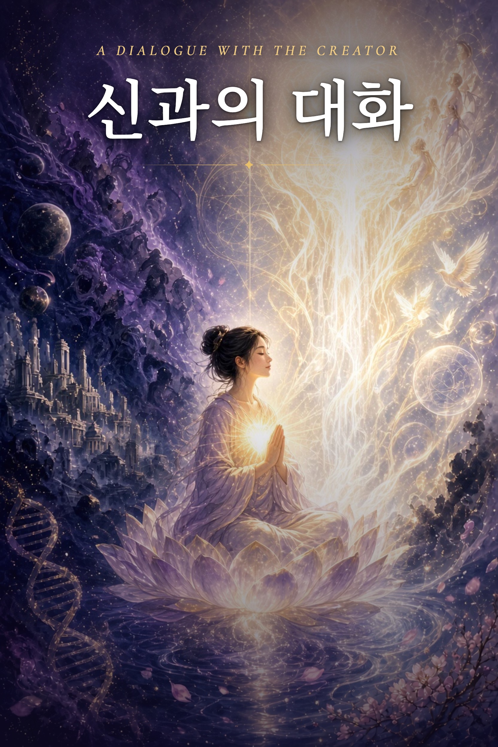 연꽃 위에서 기도하는 사람, 별들 사이로 빛이 쏟아진다. 제목: 신과의 대화.