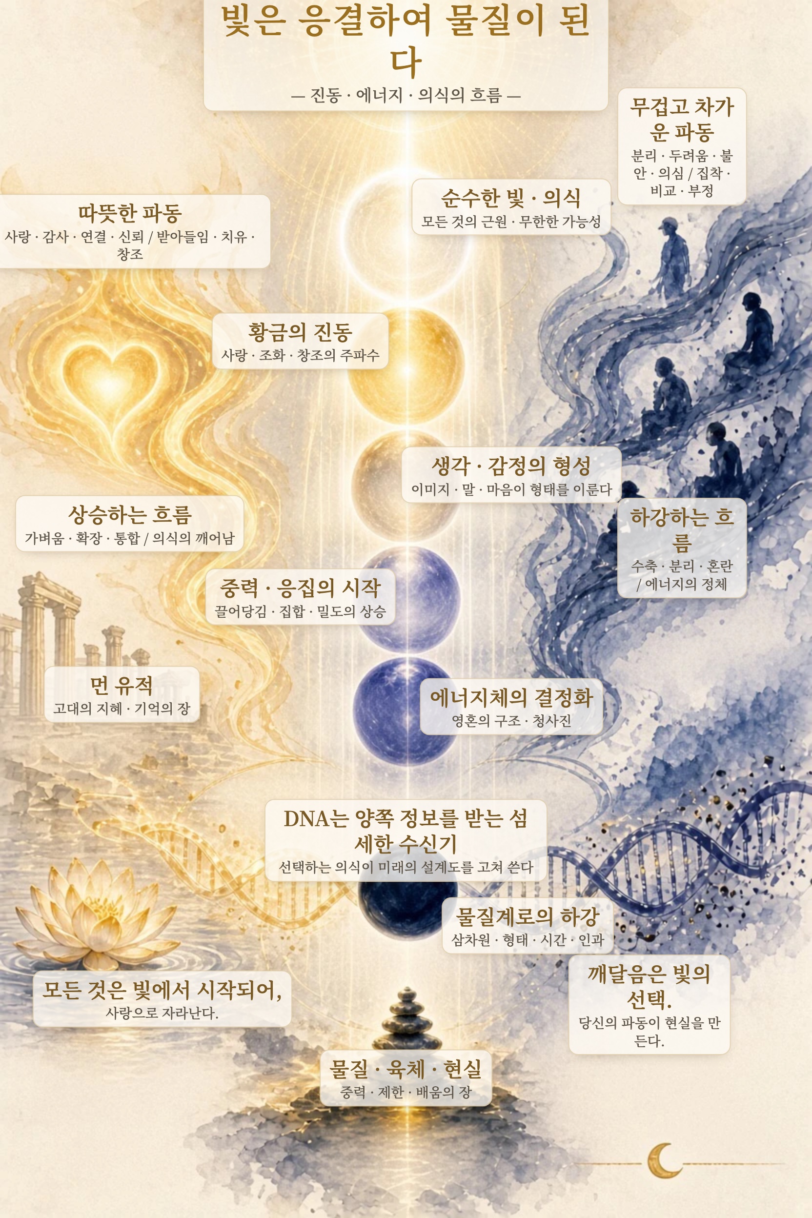 도해: 빛은 응결하여 물질이 된다 — 진동·에너지·의식의 흐름.