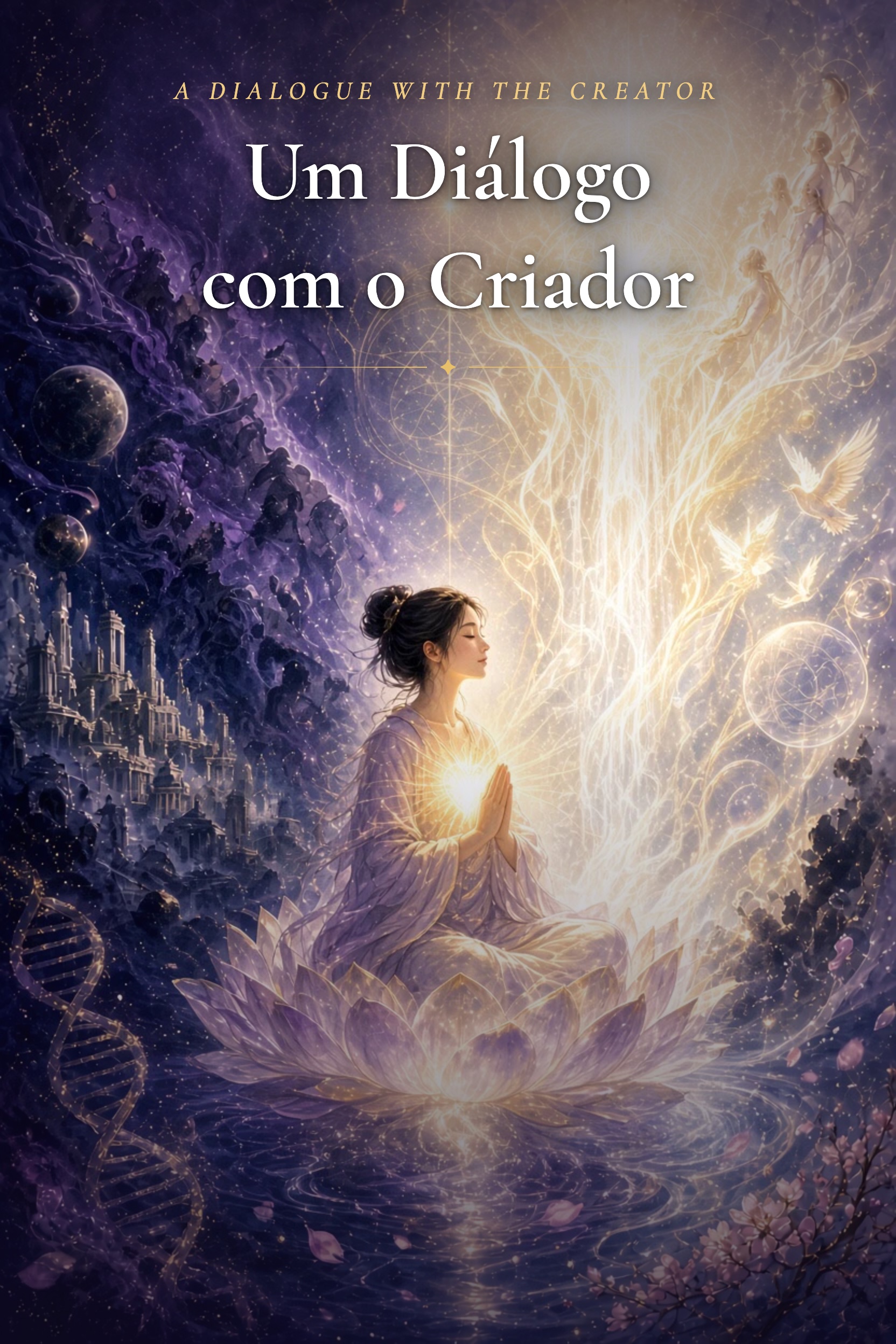 Uma figura orando sobre um lótus enquanto a luz desce do alto, entre as estrelas. Título: Um Diálogo com o Criador.