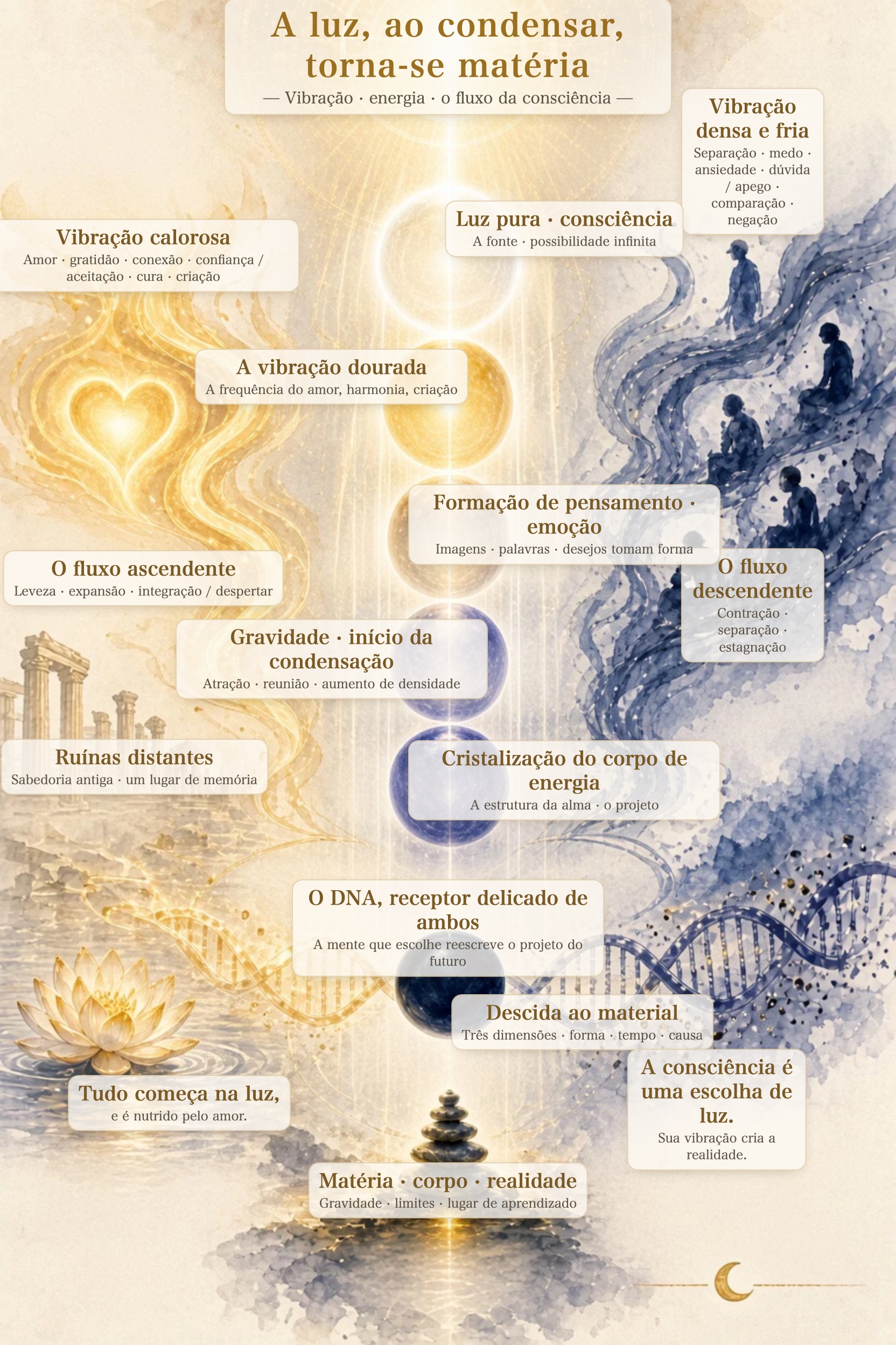 Diagrama: A luz, ao condensar, torna-se matéria — o fluxo de vibração, energia e consciência.