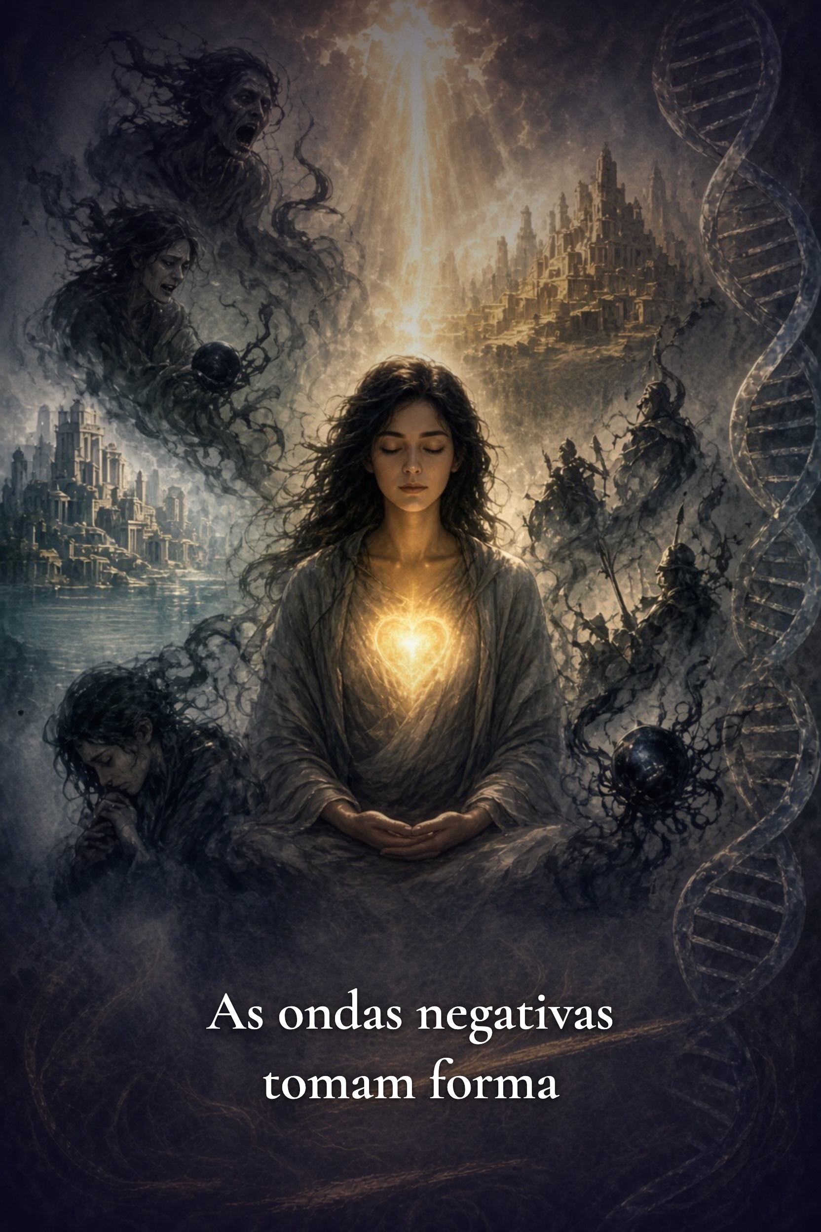 Uma pessoa a meditar, uma luz quente no coração, em meio a ondas pesadas. As ondas negativas tomam forma.
