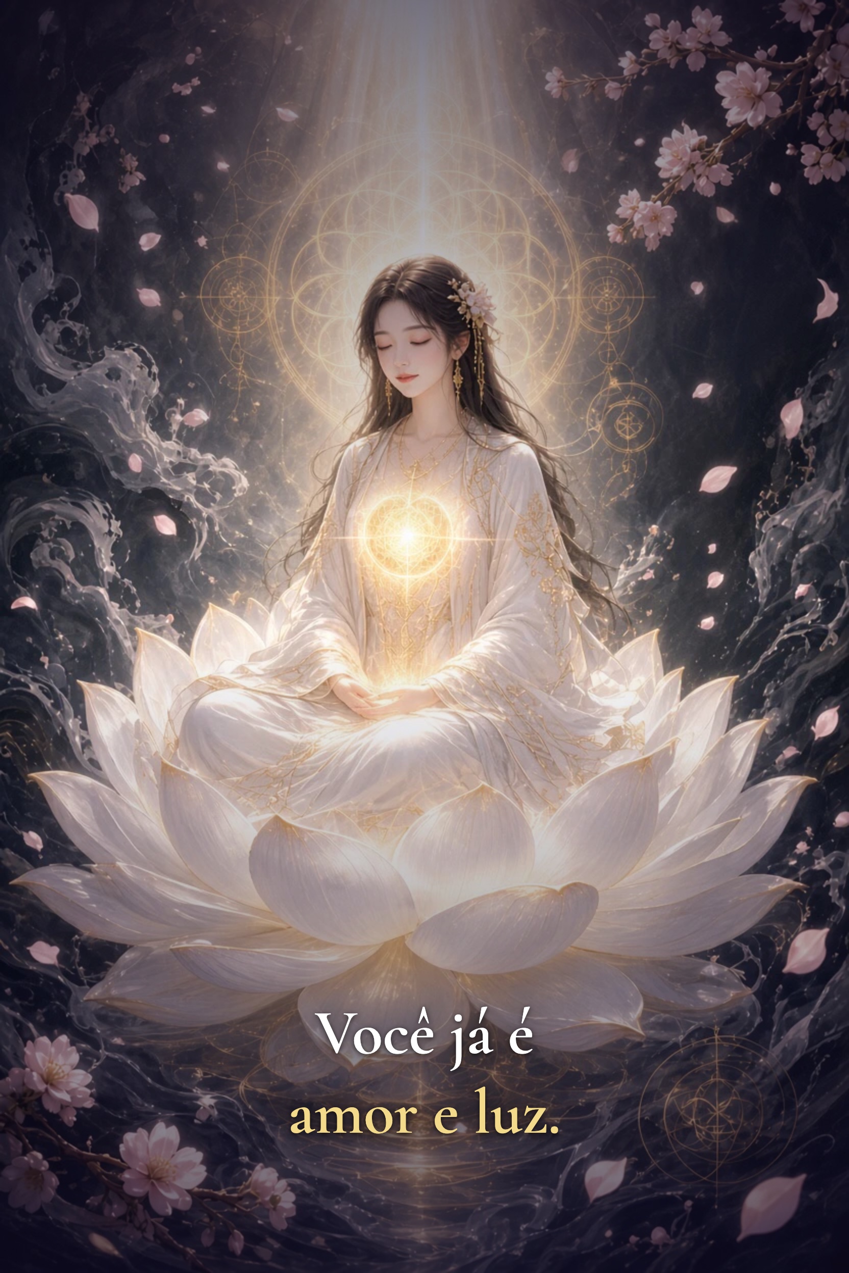 Uma figura sentada em silêncio sobre um lótus branco, entre pétalas de cerejeira e luz dourada. Você já é amor e luz.