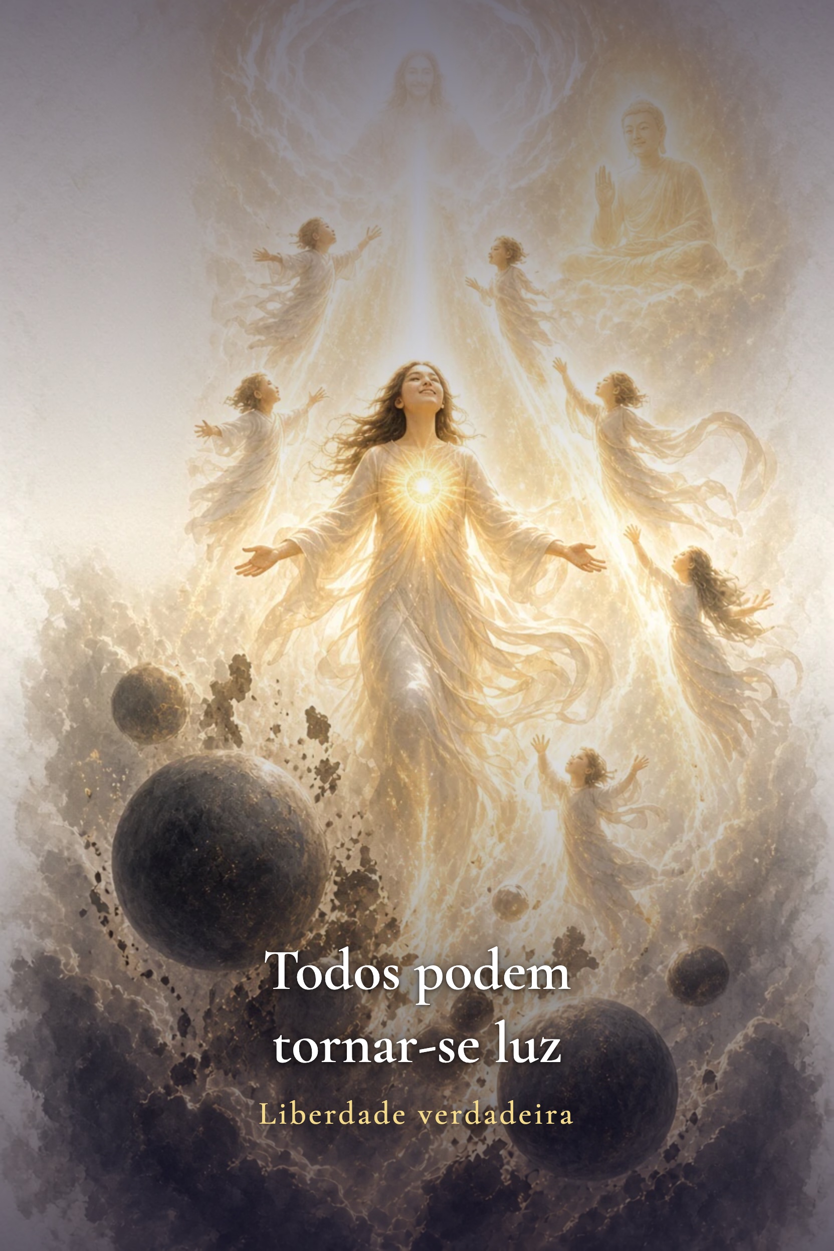 Uma pessoa a erguer-se, tornando-se luz, outras a seguir; as esferas pesadas descem. Todos podem tornar-se luz — liberdade verdadeira.