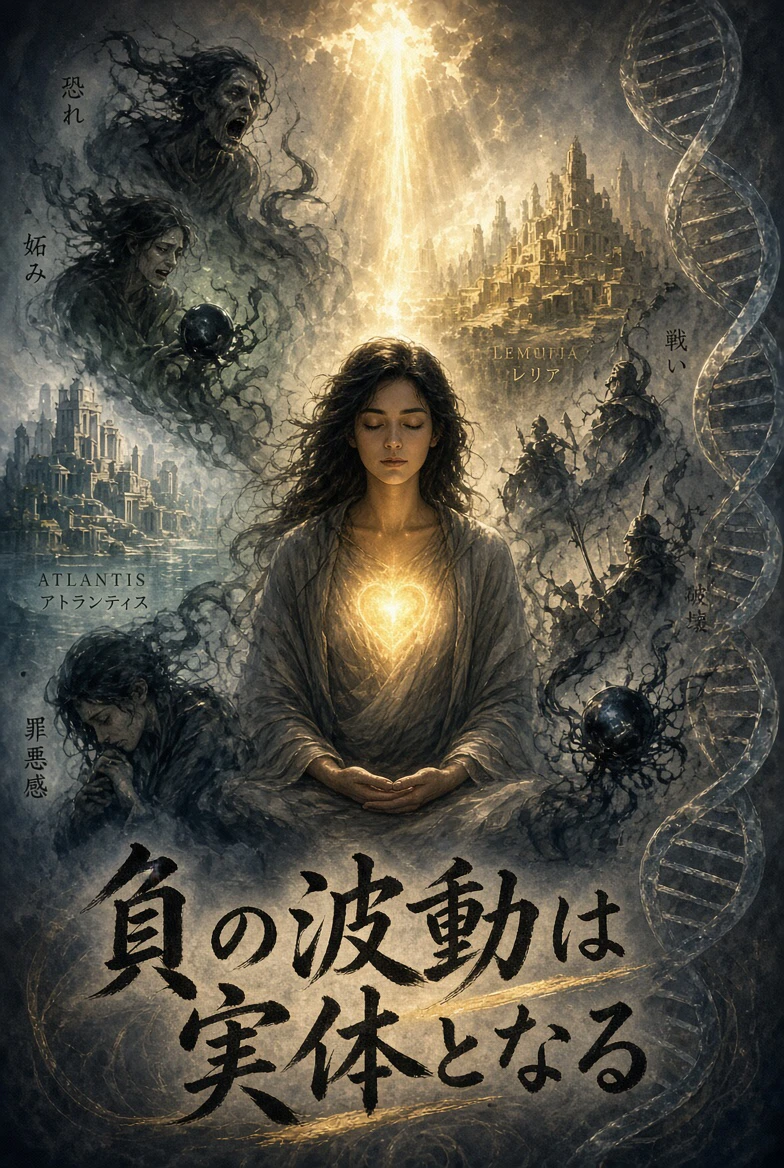 中心で瞑想する人の胸に、あたたかな光。まわりに重い波動の情景。
