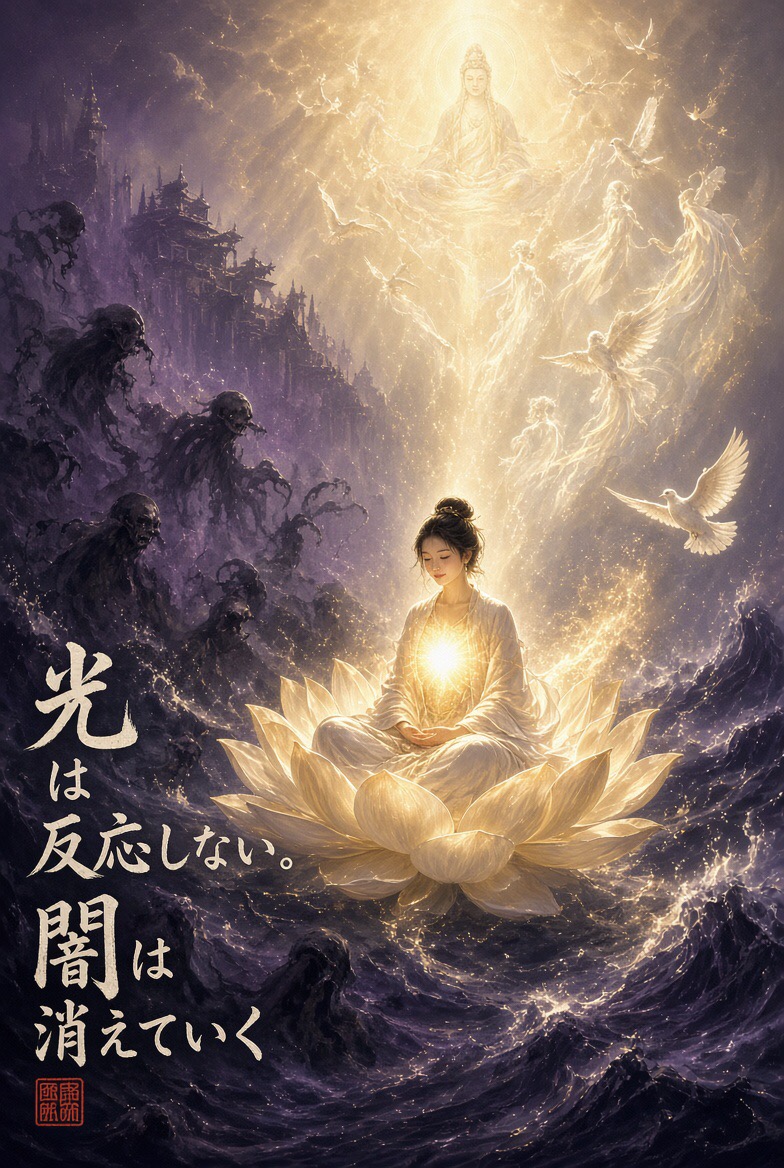 光の蓮の上に座る人。暗い波を越えて、白い鳥と観音のような光。「光は反応しない。闇は消えていく」。