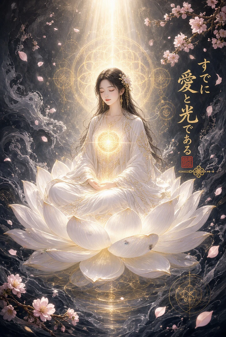 白い蓮の上で静かに座る人。桜の花びらと金色の光。「すでに愛と光である」。